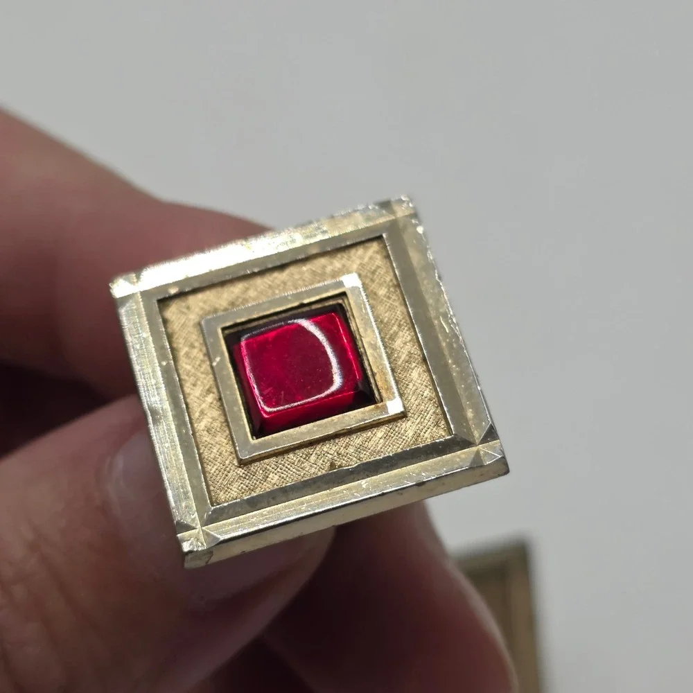 Swank Cufflinks Mens Gold Tone Faux Ruby Square Geometric Vintage MCM Formal